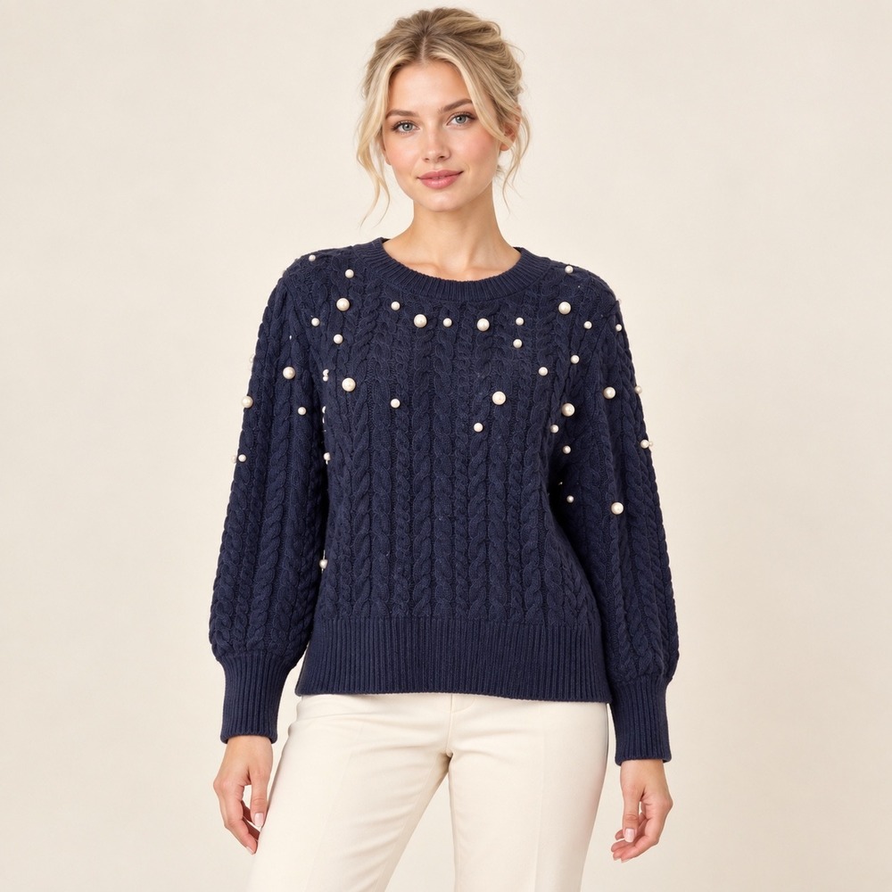 Sugarlips Navy Blue Cable Knit Pearl Embellished Sweater Puff Sleeves XL/1X